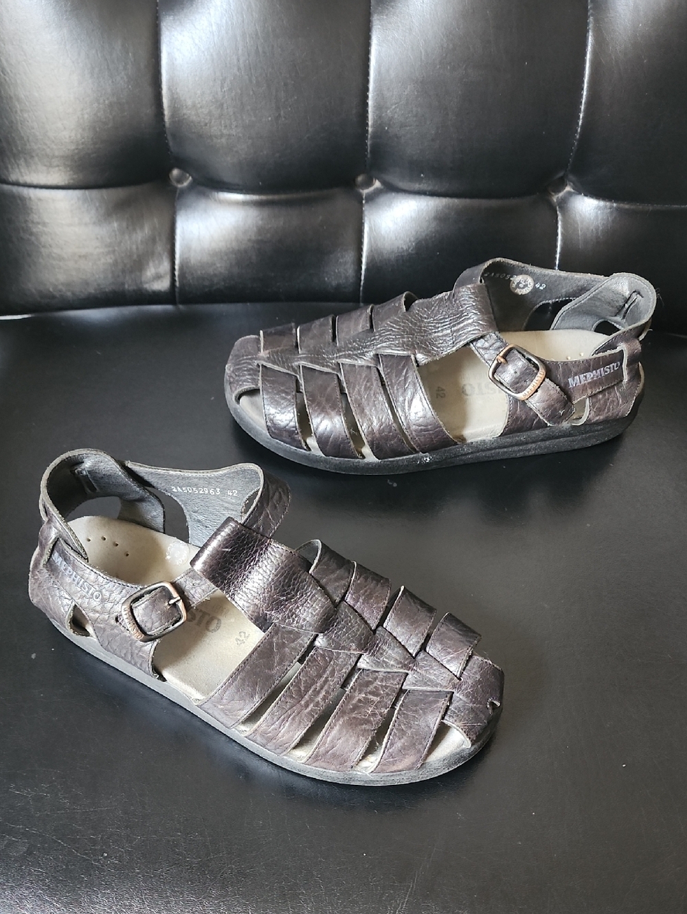 Mephisto Sam Men’s Fisherman Sandals Black Leather Size EU 42/US 8
